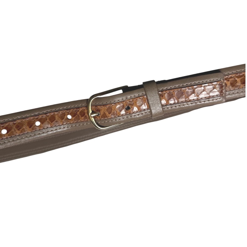 Vintage Genuine Snakeskin Leather Belt Taupe Tan Brown Gold Buckle small